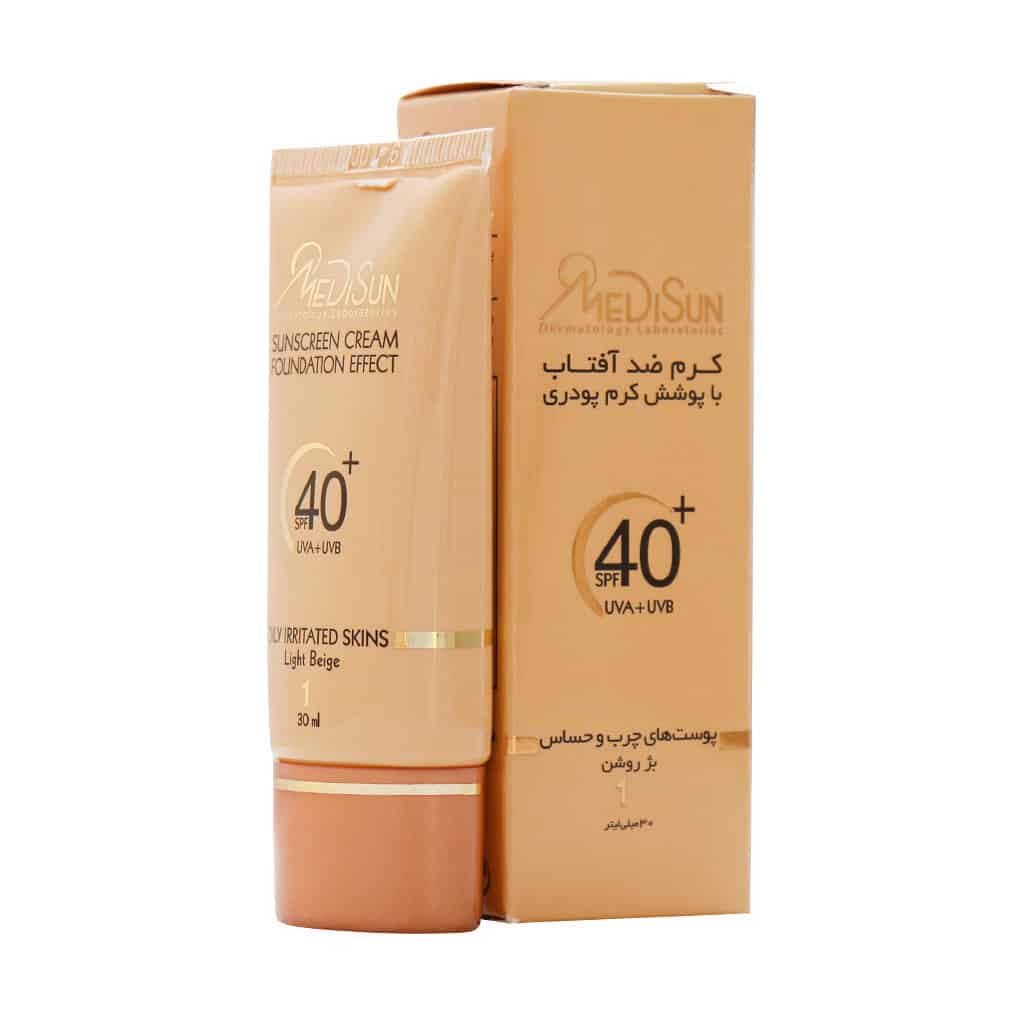 تصویر  کرم ضد آفتاب SPF 40 مدیسان با پوشش کرم پودر پوست چرب و حساس - بژ خیلی روشن