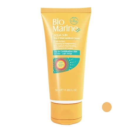 تصویر  کرم ضد آفتاب SPF50 روشن کننده و ضد چروک بایومارین پوست چرب و مختلط - بژ روشن